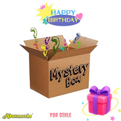 Happy Birthday graphic featuring a Mystery Box with colorful question marks, perfect for girls' celebrations.