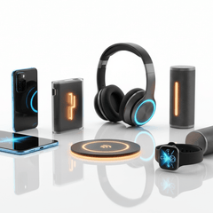 Glow Up. Power Up. collection featuring wireless headphones, smartphone, power bank, and speakers.