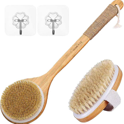 Premium Bath Body Brush Set - 2 Natural Bristle Brushes with Wall Hooks for Dry & Wet Brushing, Exfoliate, Boost Lymphatic Flow, Stimulate Circulation & Detoxify Your Skin