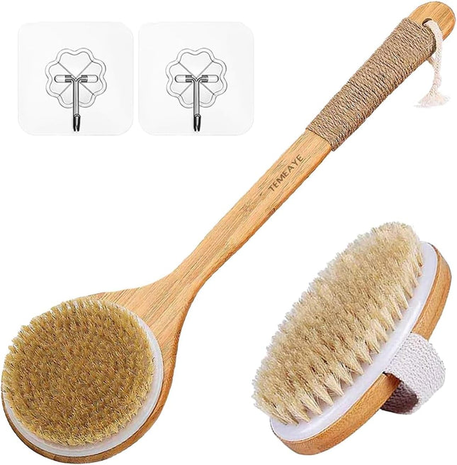 Premium Bath Body Brush Set - 2 Natural Bristle Brushes with Wall Hooks for Dry & Wet Brushing, Exfoliate, Boost Lymphatic Flow, Stimulate Circulation & Detoxify Your Skin