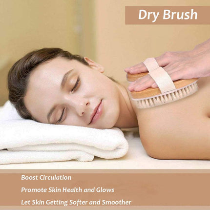 Premium Bath Body Brush Set - 2 Natural Bristle Brushes with Wall Hooks for Dry & Wet Brushing, Exfoliate, Boost Lymphatic Flow, Stimulate Circulation & Detoxify Your Skin