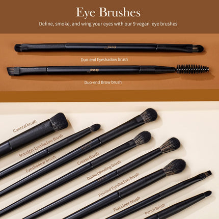 14-Piece Makeup Brush Set - Professional Black Kabuki Foundation, Eyeshadow, Contour, Concealer, Powder, Eyeliner, Crease, Eyebrow, and Blending Brushes