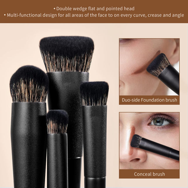 14-Piece Makeup Brush Set - Professional Black Kabuki Foundation, Eyeshadow, Contour, Concealer, Powder, Eyeliner, Crease, Eyebrow, and Blending Brushes