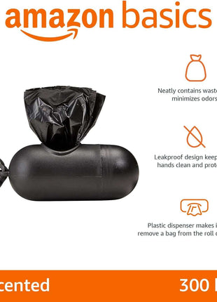 Premium Unscented Dog Poop Bags with Convenient Dispenser & Leash Clip - 300 Count (20 Rolls) - Extra Large Size 33.02 x 22.86 CM - Durable Black Design