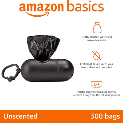 Premium Unscented Dog Poop Bags with Convenient Dispenser & Leash Clip - 300 Count (20 Rolls) - Extra Large Size 33.02 x 22.86 CM - Durable Black Design