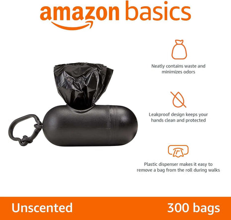 Premium Unscented Dog Poop Bags with Convenient Dispenser & Leash Clip - 300 Count (20 Rolls) - Extra Large Size 33.02 x 22.86 CM - Durable Black Design