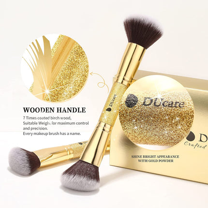 Gold Duo End Makeup Brushes - Foundation, Powder & Contour - 2-Piece Synthetic Cosmetic Tool Set