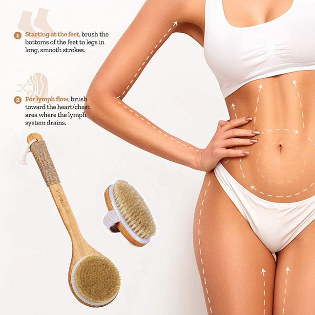 Premium Bath Body Brush Set - 2 Natural Bristle Brushes with Wall Hooks for Dry & Wet Brushing, Exfoliate, Boost Lymphatic Flow, Stimulate Circulation & Detoxify Your Skin