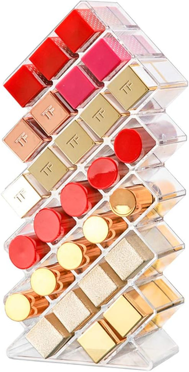 Acrylic Lipstick Organizer with 28 Spaces - Clear Lip Gloss Storage and Display Stand