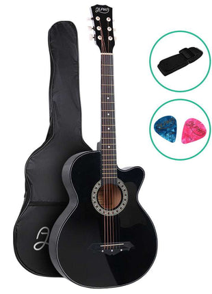 Alpha 38 Inch Acoustic Guitar Wooden Body Steel String Full Size Cutaway Black