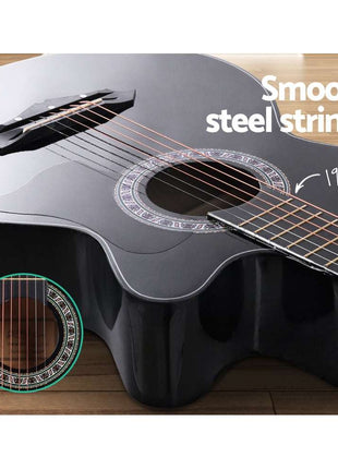 Alpha 38 Inch Acoustic Guitar Wooden Body Steel String Full Size Cutaway Black