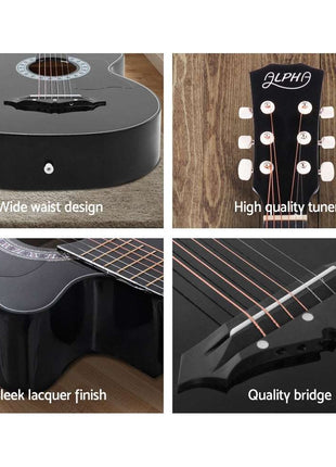 Alpha 38 Inch Acoustic Guitar Wooden Body Steel String Full Size Cutaway Black