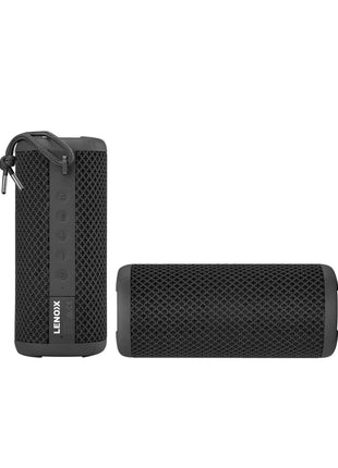 Side view/controls: "Portable IPX7 waterproof speaker showing volume controls and fabric texture"