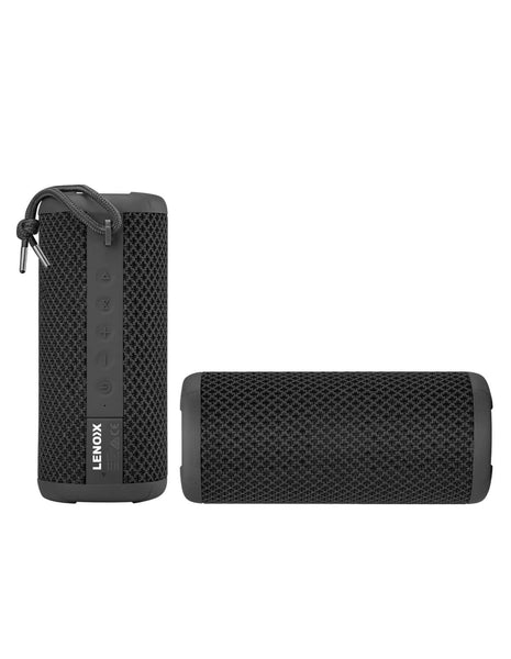 Side view/controls: "Portable IPX7 waterproof speaker showing volume controls and fabric texture"