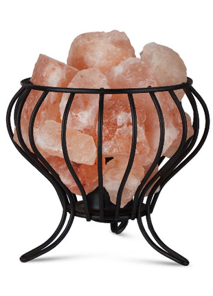 Himalayan pink salt lamp iron basket rock crystals