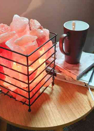 12V 12W Rectangle Iron Basket Himalayan Pink Salt Lamp Rock Crystal Bulb On/Off