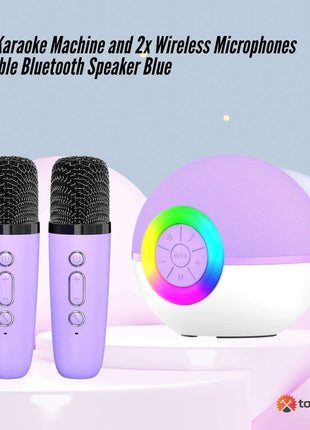 Mini Karaoke Machine - 2x Wireless Microphones Portable Bluetooth Speaker (Purple)(Blue)(Pink)