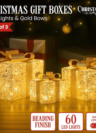 Battery Operated Christmas Gift Boxes Trio with LED Lights