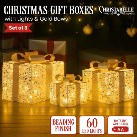 Battery Operated Christmas Gift Boxes Trio with LED Lights