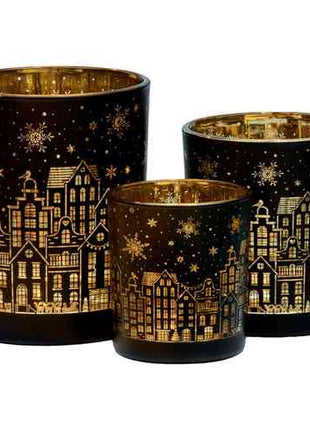 Christabelle Christmas Candle Jar Set Of 3 Black And Gold Holiday Candle Holders