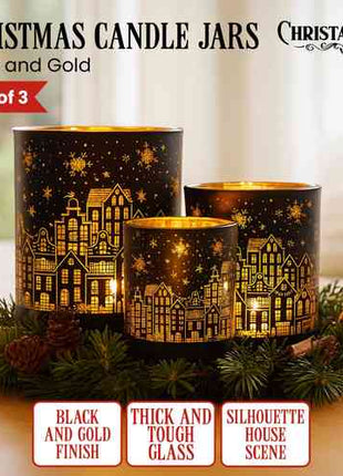 Christabelle Christmas Candle Jar Set Of 3 Black And Gold Holiday Candle Holders