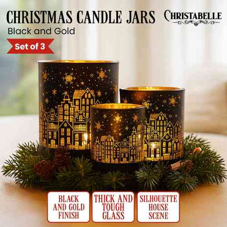 Christabelle Christmas Candle Jar Set Of 3 Black And Gold Holiday Candle Holders