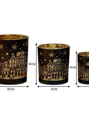 Christabelle Christmas Candle Jar Set Of 3 Black And Gold Holiday Candle Holders