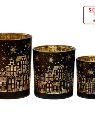 Christabelle Christmas Candle Jar Set Of 3 Black And Gold Holiday Candle Holders