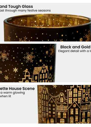 Christabelle Christmas Candle Jar Set Of 3 Black And Gold Holiday Candle Holders