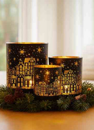 Christabelle Christmas Candle Jar Set Of 3 Black And Gold Holiday Candle Holders