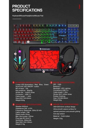 T-Wolf TF800 RGB 4-pcs Gaming Keyboard/Mouse/Headphone/Mouse Pad Kit Set