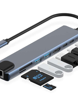 8in1 Hub USB-C To Type-C USB 3.0 4K HDMI RJ45 Ethernet SD TF OTG PD Port Adapter