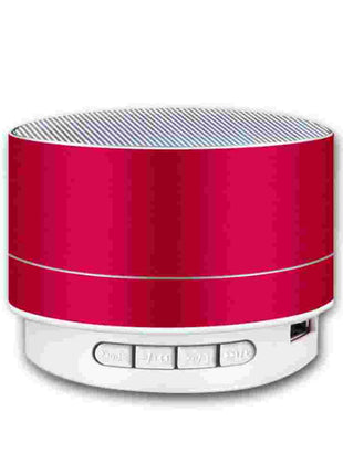 Wireless Bass Bluetooth Speaker in red with LED lights, compact design and control buttons for handsfree use and portable sound experience.