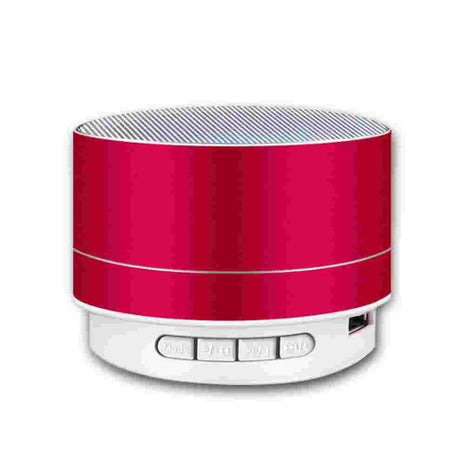 Wireless Bass Bluetooth Speaker in red with LED lights, compact design and control buttons for handsfree use and portable sound experience.
