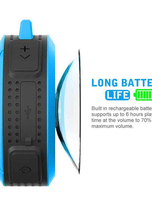 Waterproof Mini Speaker with Bluetooth, mic, and volume control featuring suction cup and long battery life up to 6 hours at 70% volume.