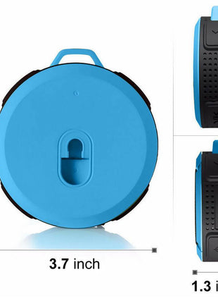 Waterproof Mini Speaker with Bluetooth, mic, and volume control in blue. Compact 3.7-inch design with suction cup for shower or outdoor use.