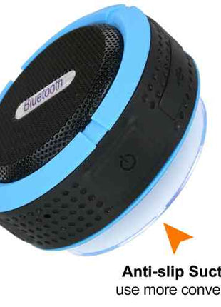 Waterproof Mini Speaker with Bluetooth, built-in mic, volume control, and anti-slip suction for shower use. Compact design in black and blue.