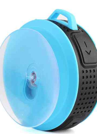 Waterproof Mini Speaker with Bluetooth, suction cup mount, built-in mic, and volume control in blue and black design for shower or outdoor use.