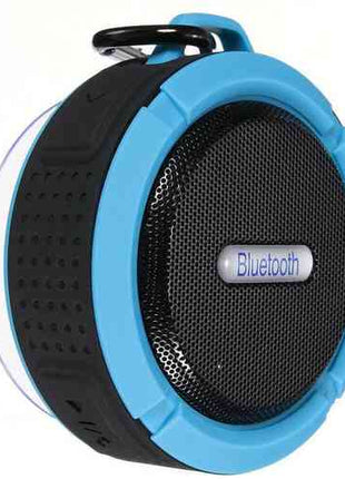 Waterproof Mini Speaker with Bluetooth, mic, and volume control in blue and black design. Features suction cup for shower or bathroom use.