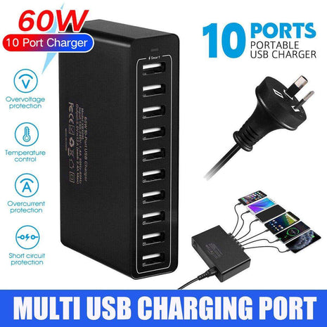 60W 10 Port USB Charger Multi Port AC Adapter Travel Wall Hub Charging Station