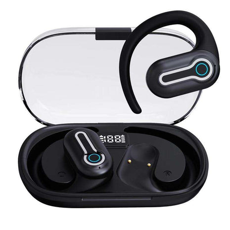 Wireless Stereo Earphones with Charging Case - Hanging Ear Design - Black