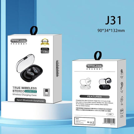 Wireless Stereo Earphones with Charging Case - Hanging Ear Design - White