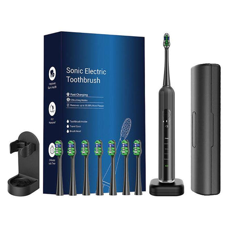 Sleek Black Sonic Revolution: 5 Power Modes + 8 Pro Heads for Your Ultimate Glow-Up Smile!