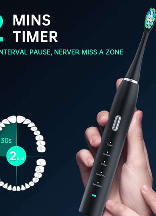 Sleek Black Sonic Revolution: 5 Power Modes + 8 Pro Heads for Your Ultimate Glow-Up Smile!