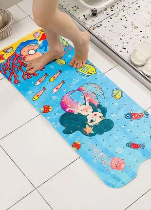 Non-Slip PVC Bath & Shower Mat with Suction Cups and Drainage Holes - Cartoon Ocean Theme(Dark-haired Mermaid)