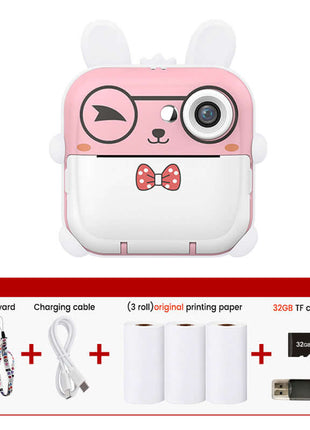Pink rabbit Kids Instant Print Camera Zero Ink Digital Video Recorder with 32GB Card and 3 Paper Rolls Portable Rechargeable Toy Gift