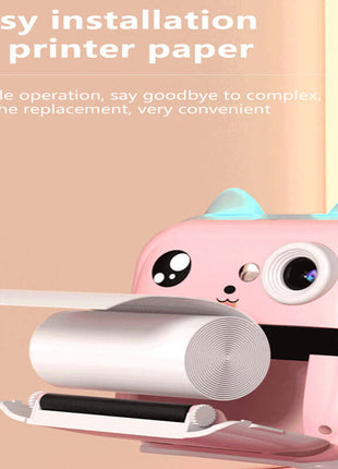 Pink rabbit Kids Instant Print Camera Zero Ink Digital Video Recorder with 32GB Card and 3 Paper Rolls Portable Rechargeable Toy Gift easy installation of printer paper