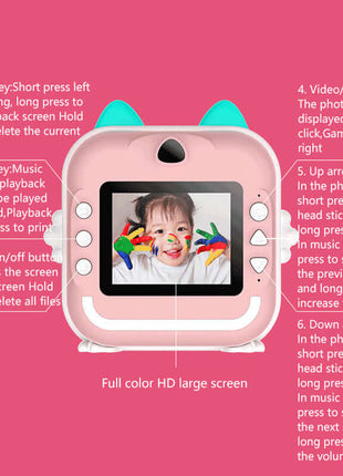 Pink rabbit Kids Instant Print Camera Zero Ink Digital Video Recorder with 32GB Card and 3 Paper Rolls Portable Rechargeable Toy Gift user manual instructions.