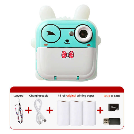 Blue rabbit Kids Instant Print Camera Zero Ink Digital Video Recorder with 32GB Card and 3 Paper Rolls Portable Rechargeable Toy Gift