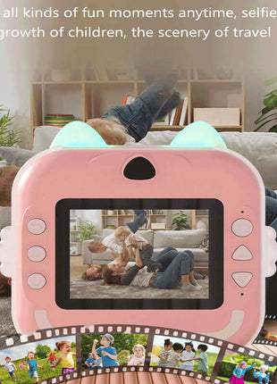 Blue rabbit Kids Instant Print Camera Zero Ink Digital Video Recorder with 32GB Card and 3 Paper Rolls Portable Rechargeable Toy Gift in use.